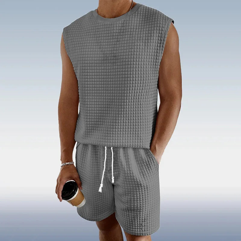 Männer Kurze Sets Casual Oansatz Ärmellose Waffel Westen Tops & Hohe Elastische Taille Kordelzug Breite Bein kurze Anzüge CBFS-2447